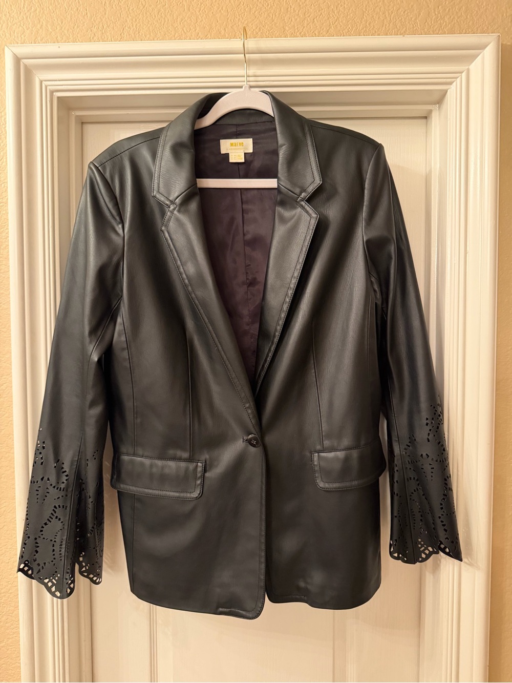 Maeve Black Faux-Leather Blazer with Laser-Cut Sleeves